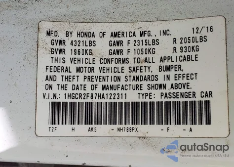 2017 Honda Accord Ex-L from USA, damaged, VIN 1HGCR2F87HA122311